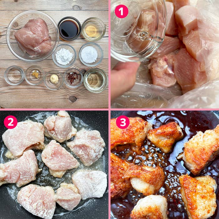 複数の調味料と鶏肉の準備、鶏肉の調理プロセス、及び完成品の3つの調理ステップを順に示す画像。