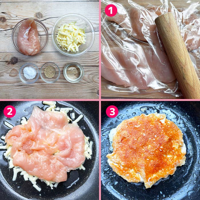 鶏肉の調理手順:鶏肉と調味料がボウルに入っている、鶏肉とチーズをフライパンで焼く、焼き上がった鶏肉。