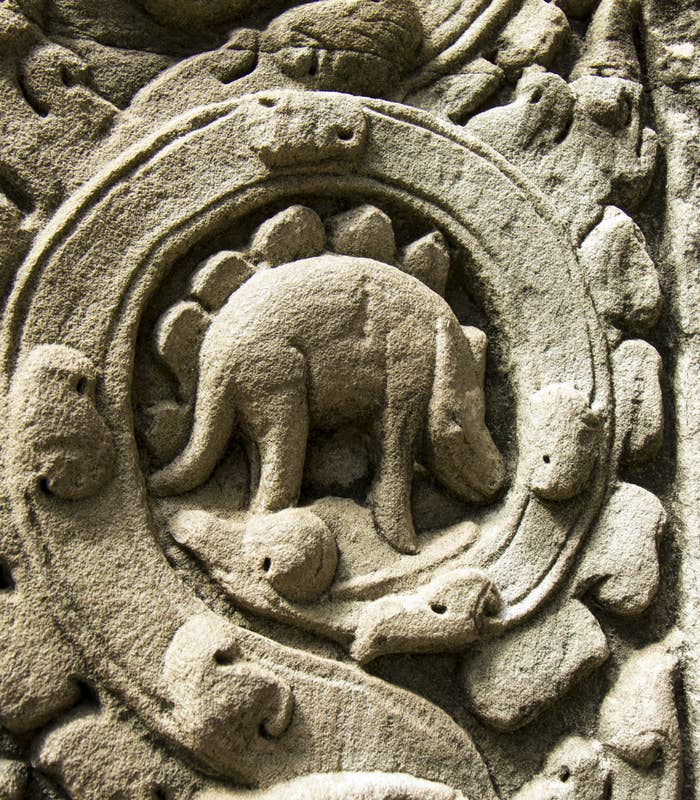 タ・プローム遺跡の壁にある「ステゴサウルス」と噂されるレリーフ(Bizhan33 / Getty Images/iStockphoto)