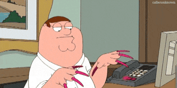 Peter Griffin from Family Guy humorously attempting to type on a keyboard with extremely long pink fingernails