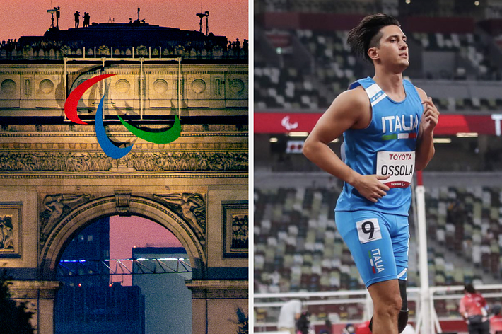 イタリア代表のパラ陸上選手、アントニオ・オッスリが走っている。背景には「TOKYO 2020」と書かれた看板が見える。