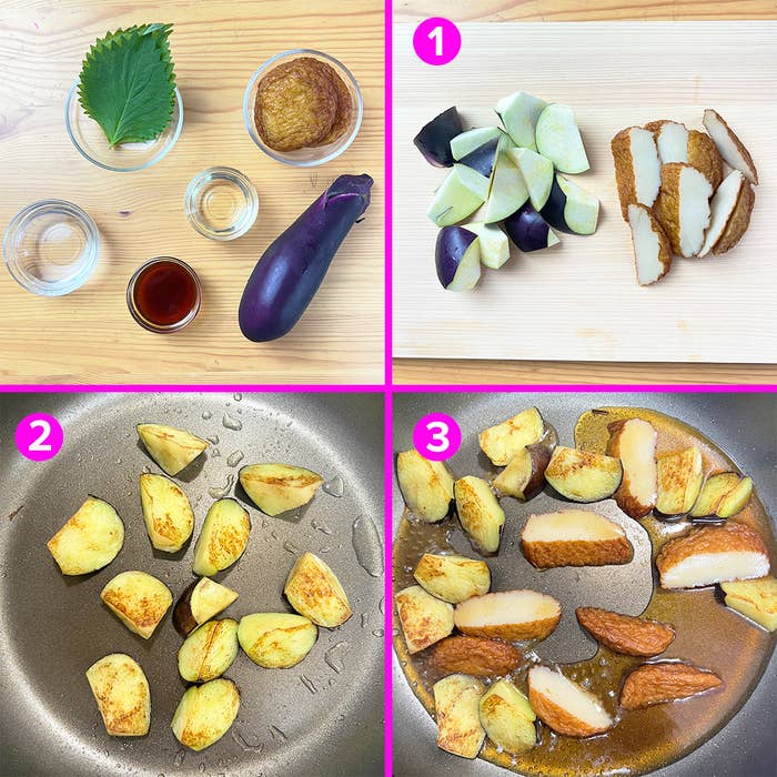 ガイド付きでナスと厚揚げの炒め物を作る手順。1.材料準備。2.刻んだナスを炒める。3.厚揚げとナスを一緒に炒める。