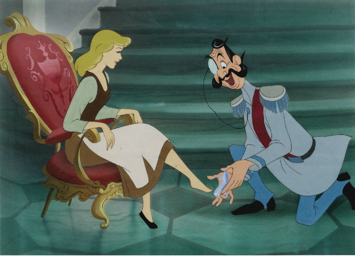 Cinderella sits while the Grand Duke fits a glass slipper on her foot, both from Disney's "Cinderella."