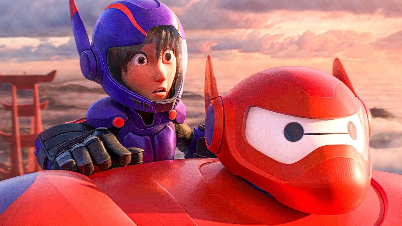 Hiro and Baymax from Big Hero 6 fly through the sky, with Hiro looking surprised and gripping onto Baymax, who is in flight mode