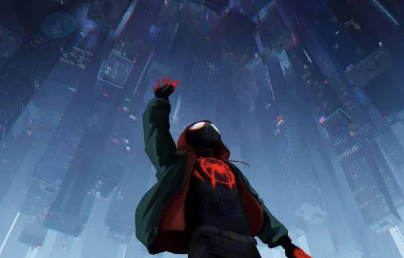 Spider-Man from "Spider-Man: Into the Spider-Verse" stands amidst towering futuristic skyscrapers, raising his hand