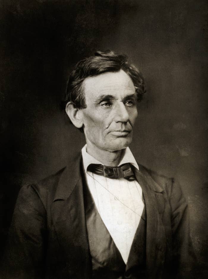 A portrait of Abraham Lincoln, 16th President of the United States, wearing a suit and bow tie
