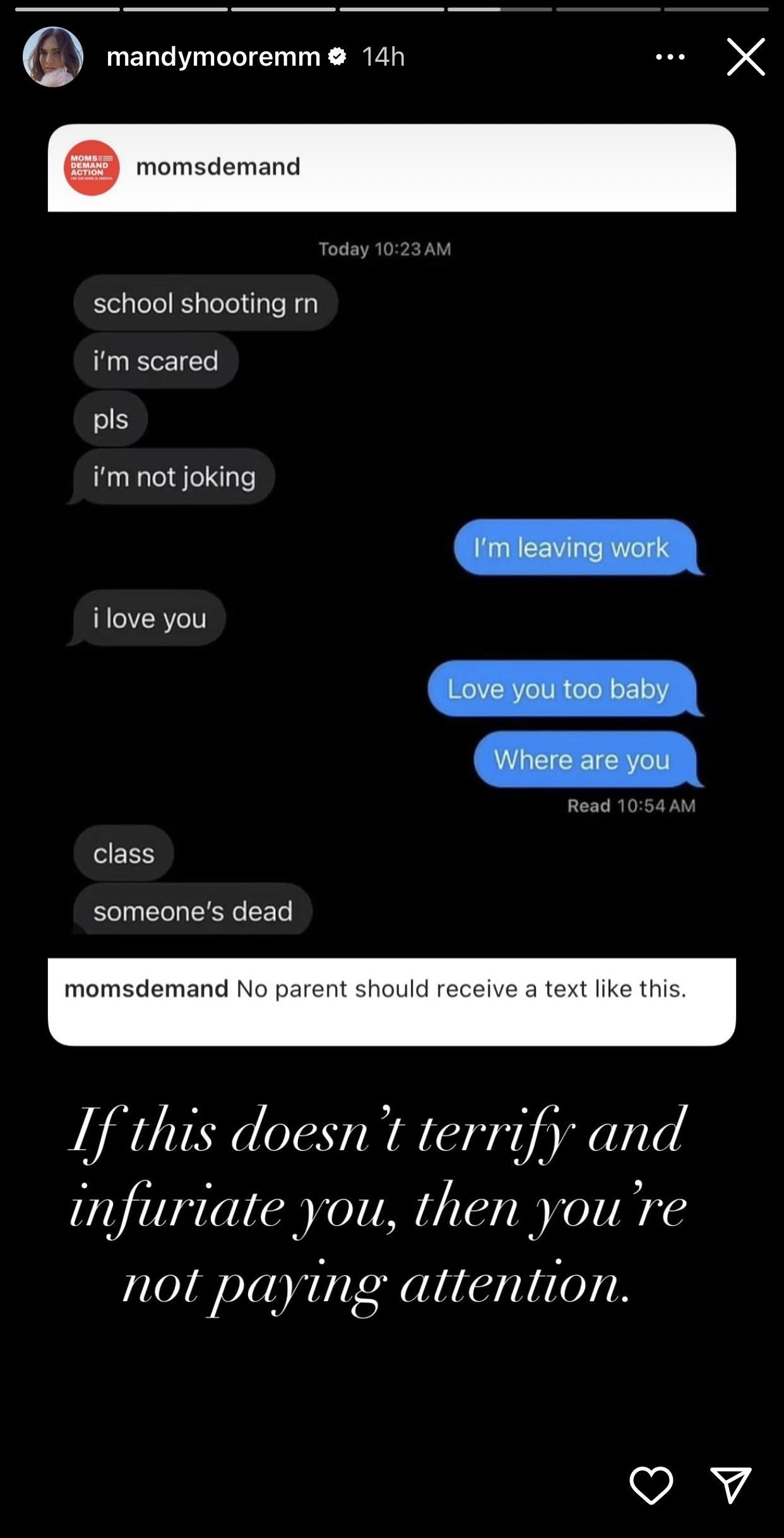 Instagram story by Mandy Moore shows a text conversation about a school shooting, a message from Moms Demand Action, and a quote