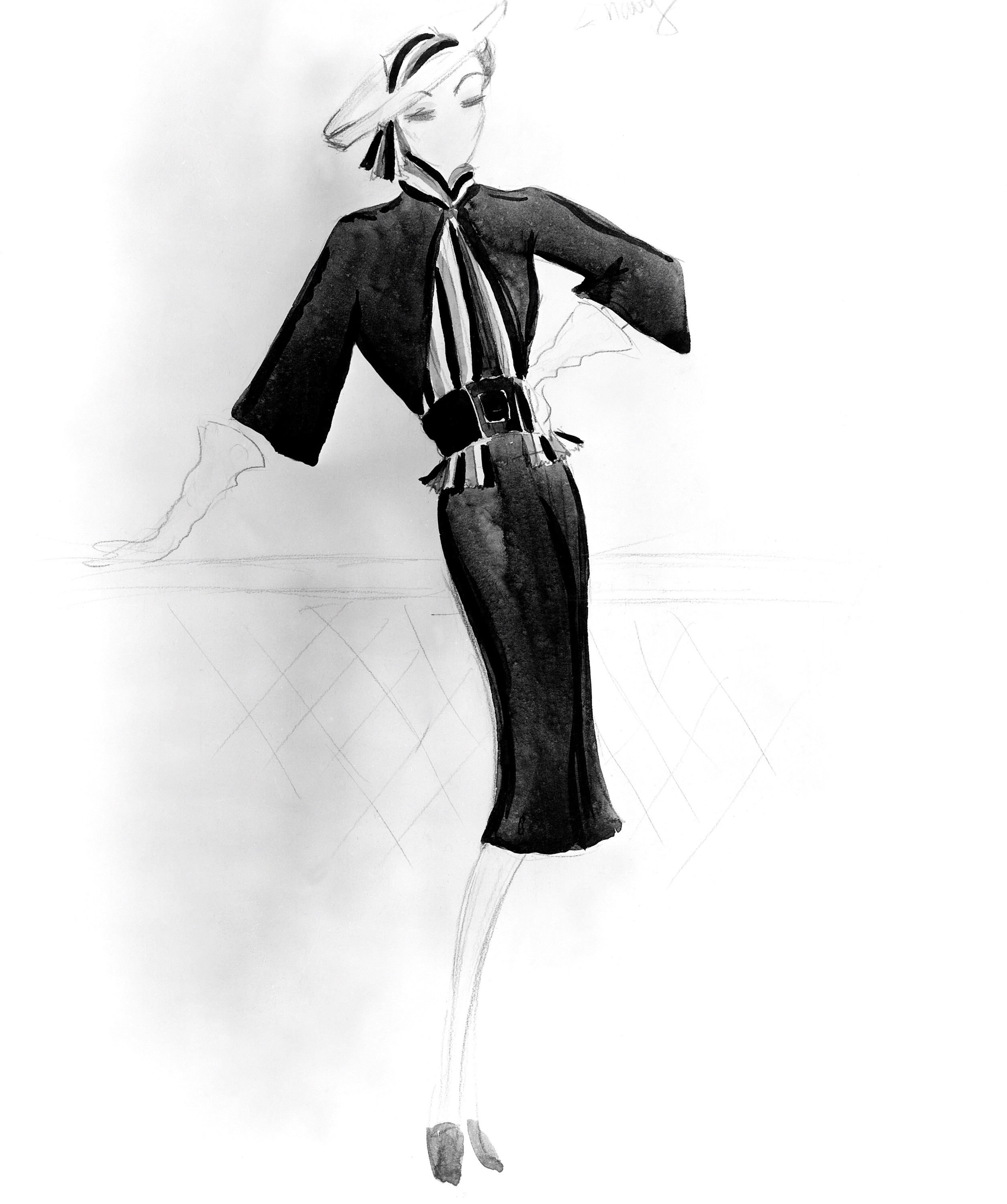 A stylish figure stands in a vintage outfit with a cinched waist, wide belt, and matching hat, exuding elegance and poise. No visible text or identifiable persons