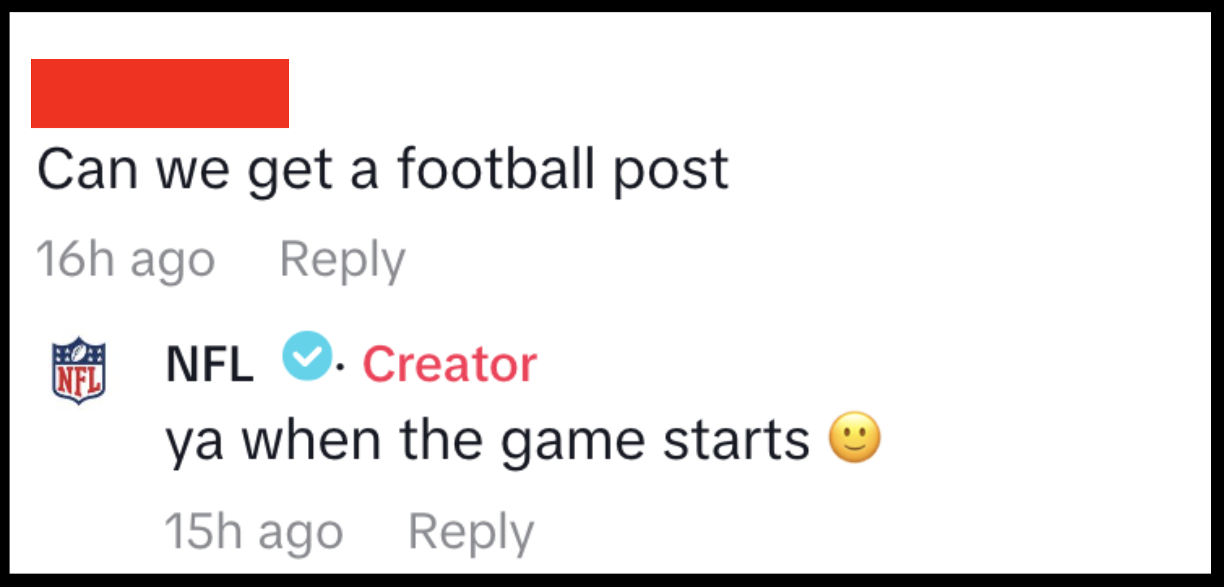 Comment by Goodedits asking for a football post, and NFL's reply saying, "ya when the game starts" with a smiling emoji