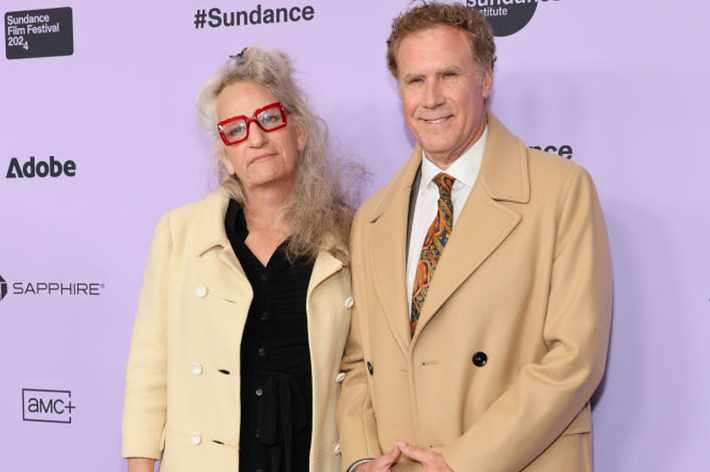 Jon Bezucha and Will Ferrell at Sundance Film Festival 2023, Jon in black dress and cream coat, Will in beige coat and patterned tie
