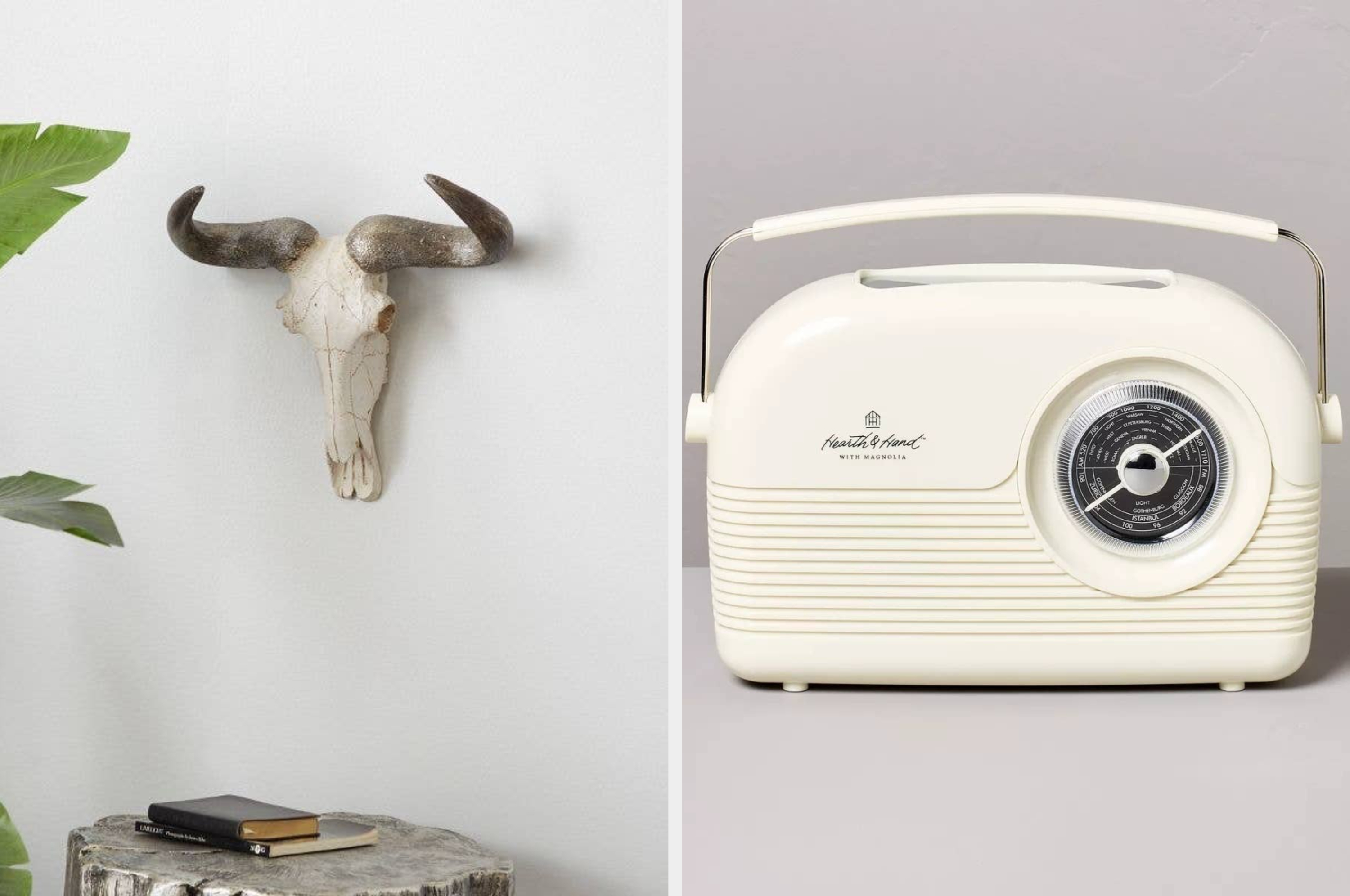 On the left, a decorative bull skull is mounted on the wall above a small table with a notepad and pen. On the right, a woman sleeps near a digital alarm clock showing 6:07