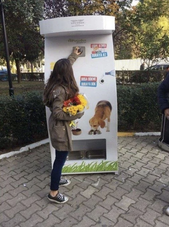 A woman holding a bouquet of flowers is dropping a bottle into a recycling machine that dispenses food and water for stray dogs