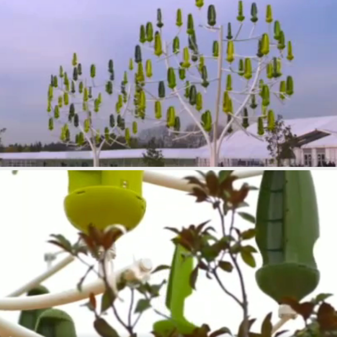 Two views of a modern wind turbine designed to look like trees with multiple leaf-shaped turbines