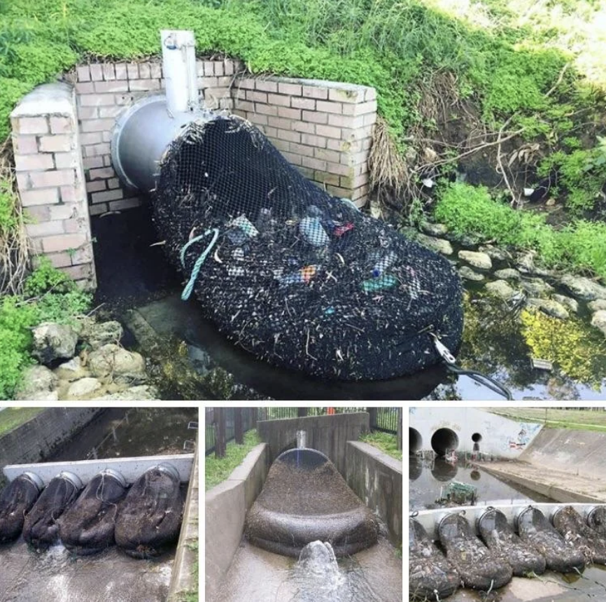 Images showing various types of drain nets attached to water outlets, catching trash and debris to prevent pollution in waterways