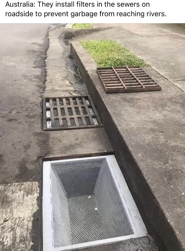 An Australian roadside sewer with an installed filter to prevent garbage from reaching rivers