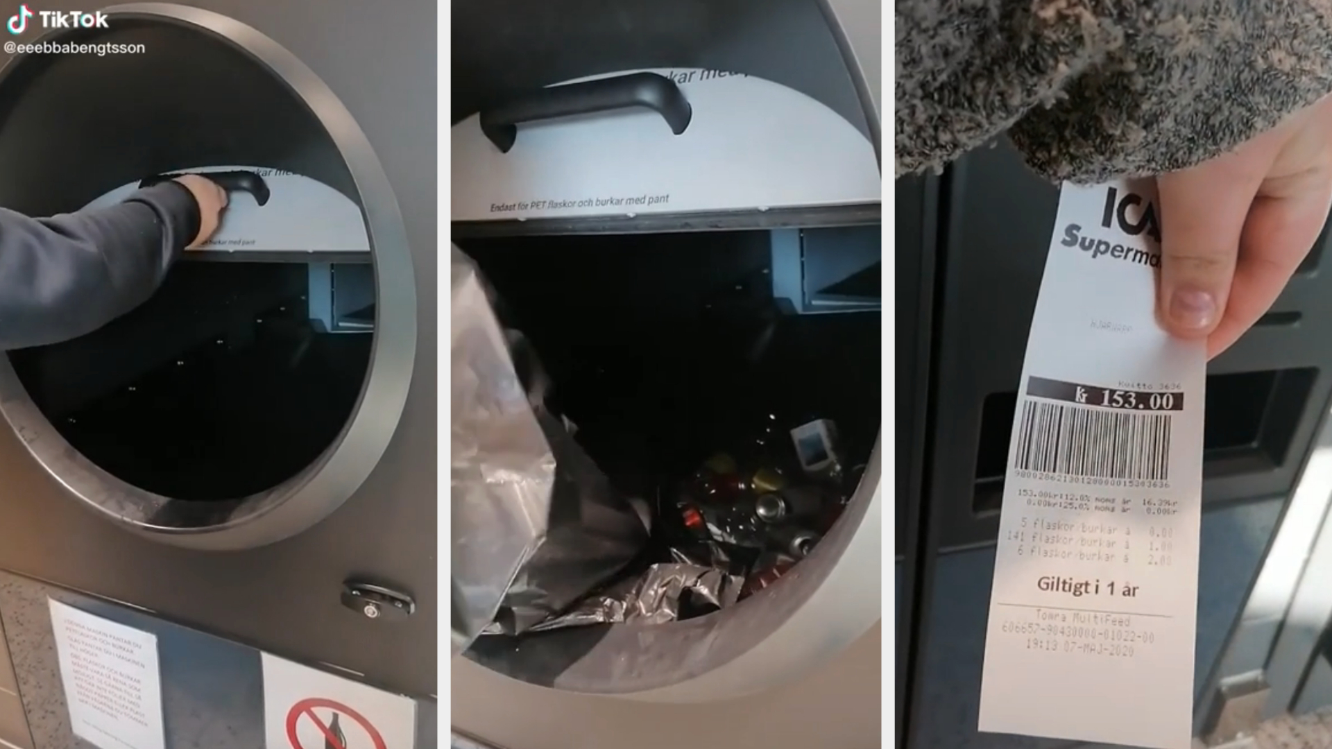 Three-panel image showing a person recycling bottles into a RVM machine and receiving a ticket worth SEK 1538.00 as a deposit refund