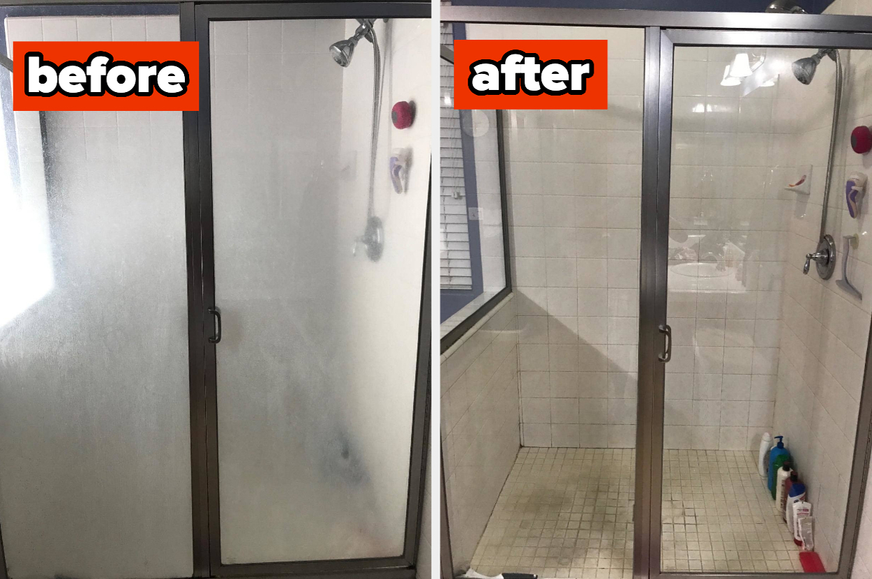 before and after for a shower door cleaner