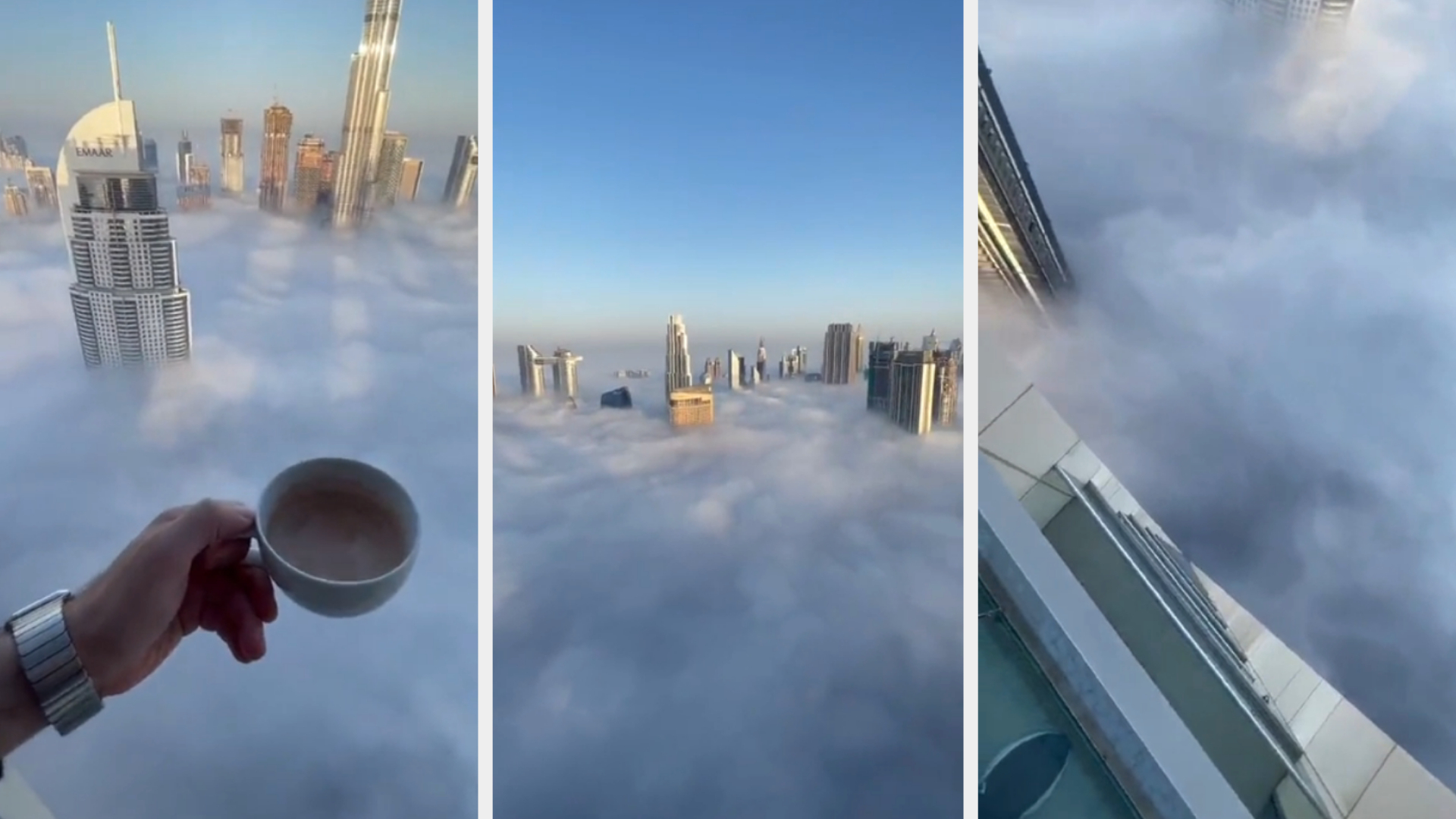 A hand holding a cup of coffee, with a cityscape emerging through dense clouds. The other two images show fog-covered skyscrapers
