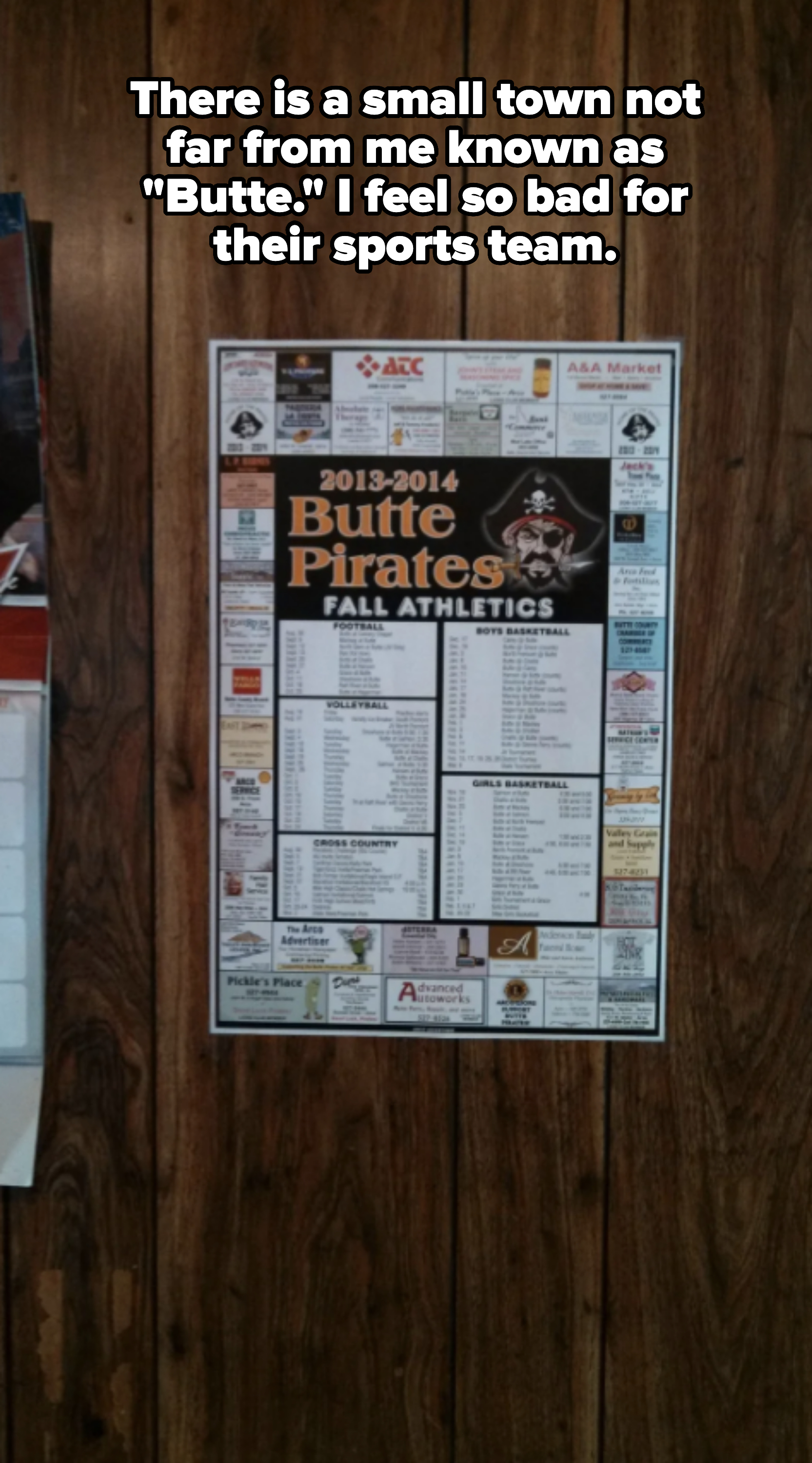 Poster titled "2013-2014 Butte Pirates Fall Athletics" with schedules and s for local businesses