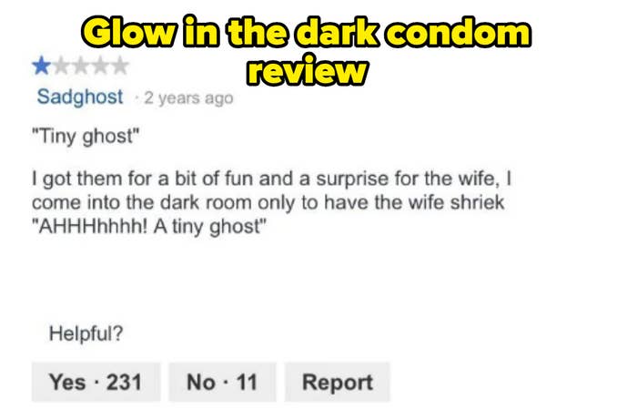 Three online product reviews: first praises glow-in-the-dark feature, second says "Great, These glow very well," and third recounts a funny surprise reaction from wife