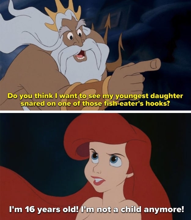 Top frame: King Triton angrily points and says, "Do you think I want to see my youngest daughter snared on one of those fish-eater's hooks?" Bottom frame: Ariel responds, "I'm 16 years old! I'm not a child anymore!"