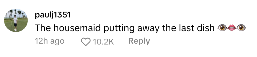 Comment from user "paulj1351" with text: "The housemaid putting away the last dish" and two emoji icons (eyes and lips). Timestamp: "12h ago". Likes: "10.2K"