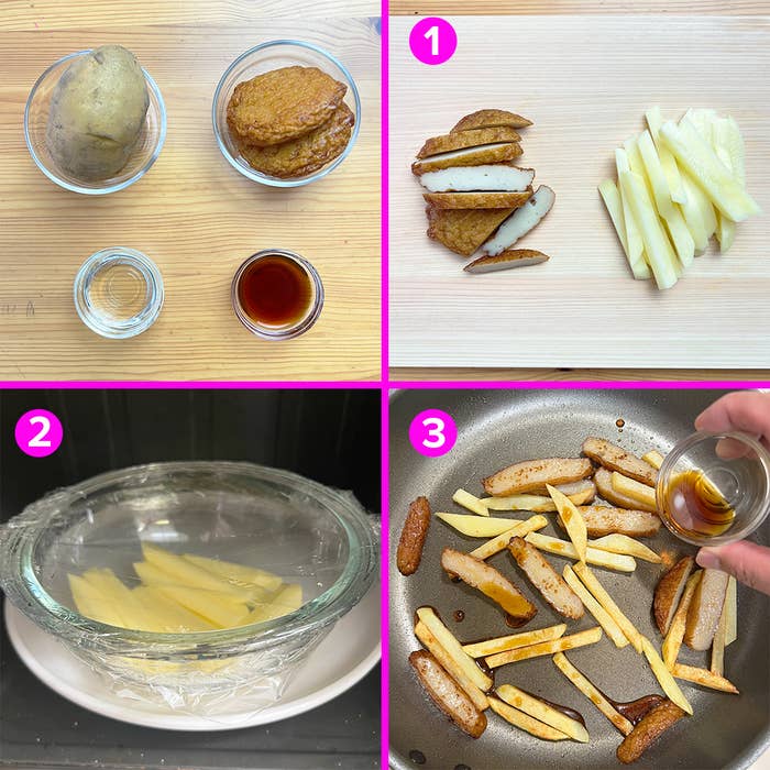 ジャガイモの調理手順。1:ジャガイモのスライス、2:ラップで覆ったボウルにスライスを入れる、3:フライパンで揚げてソースをかける。