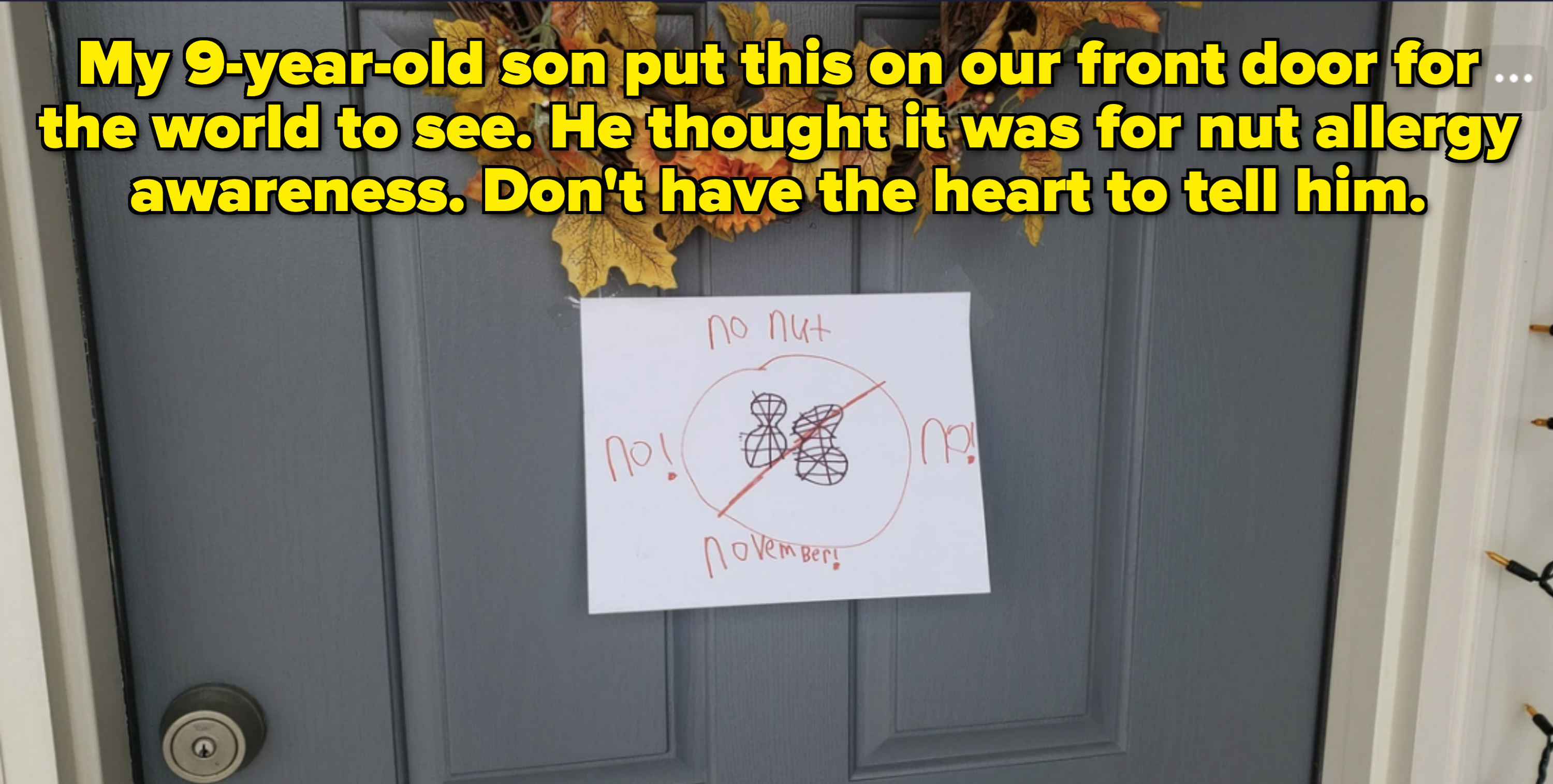 A door with a fall-themed wreath has a sign that reads "No nut November" with a crossed-out symbol of two nuts and the words "No!" written twice