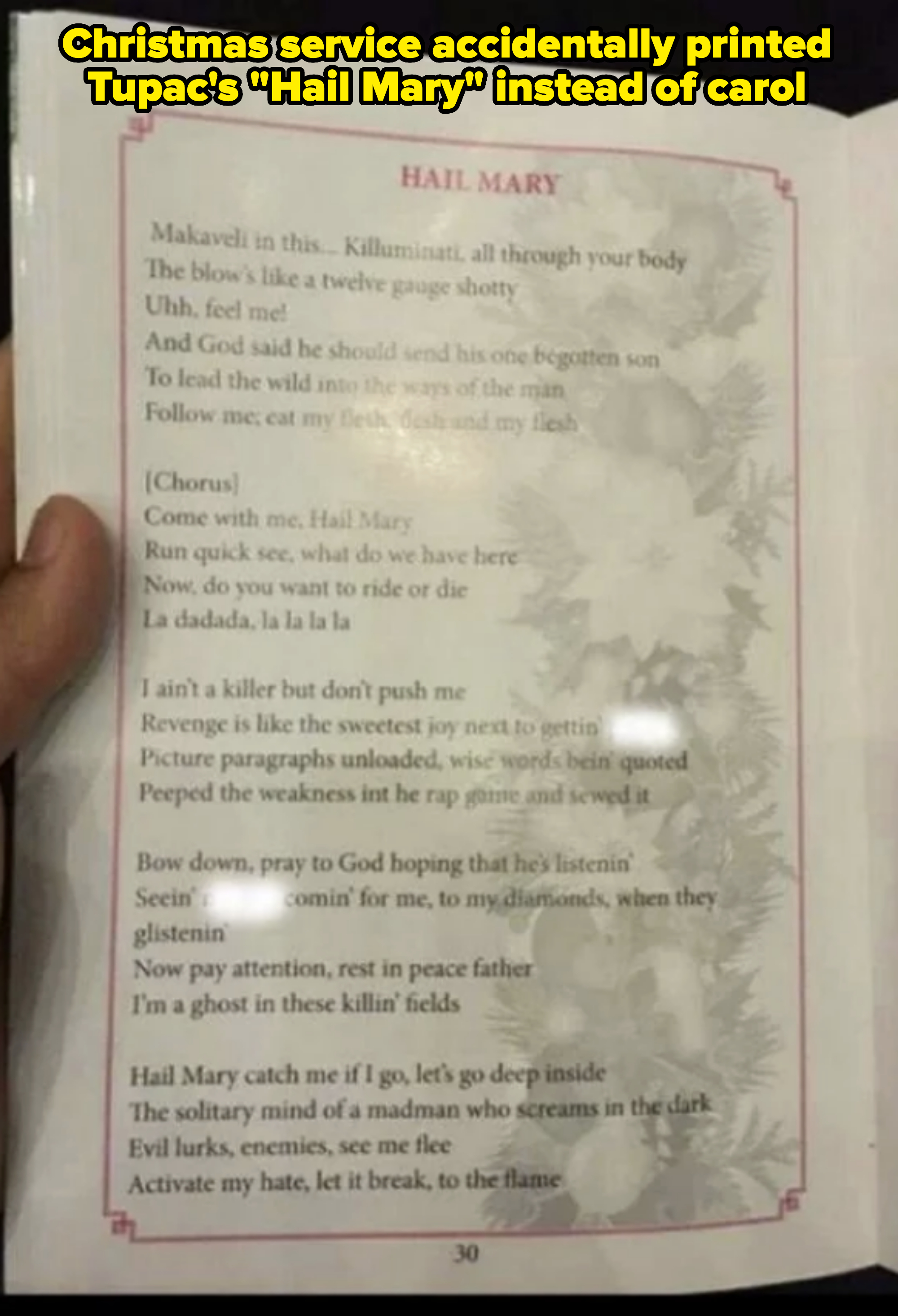 Page 30 of a book showing "Hail Mary" lyrics, including verses and chorus, mentioning Makaveli, pay attention, and "Activate my hate."