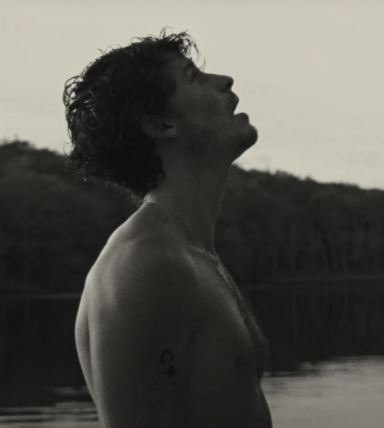Shawn Mendes stands shirtless by a lake, looking upwards with his hair tousled and a tattoo visible on his upper arm. Trees and water are in the background