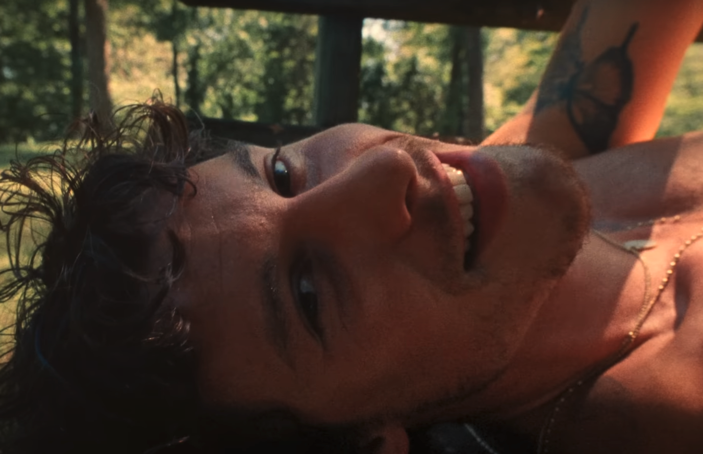 Shawn Mendes smiles while lying down outdoors, with a visible tree and a tattoo on his arm