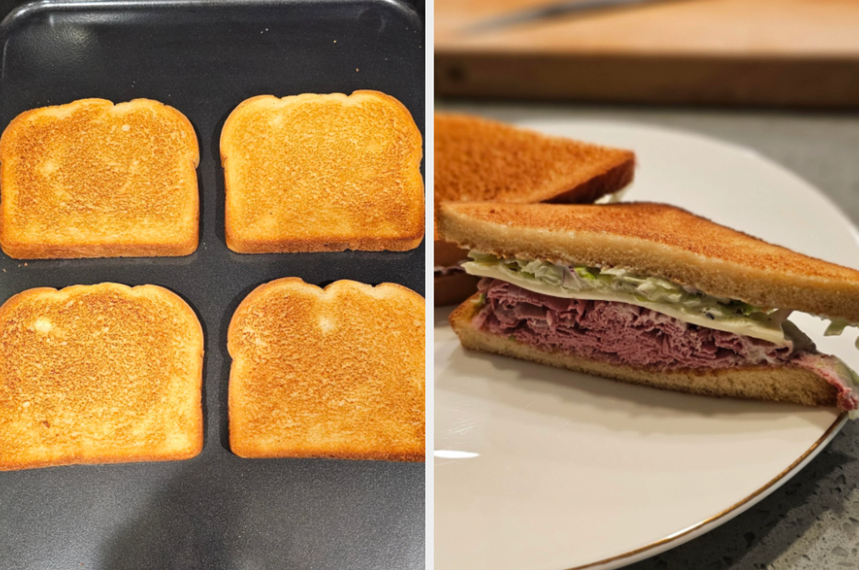 Four slices of toast on a griddle (left) and a roast beef sandwich with lettuce on a white plate (right)