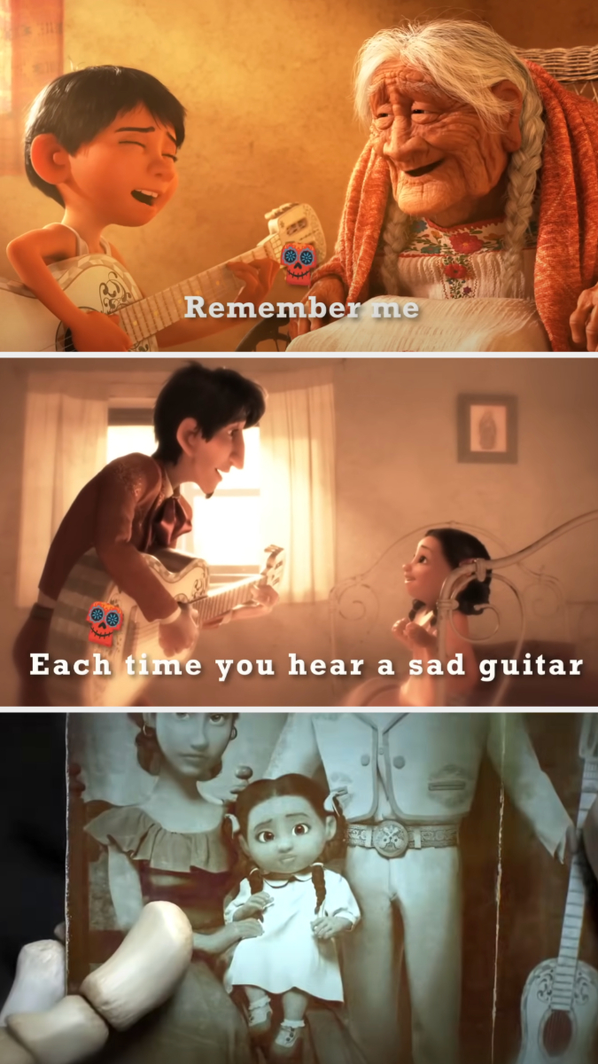 Miguel sings and plays the guitar for his great-grandmother, Coco. Caption reads: "Remember me each time you hear a sad guitar." Below is a family photo with Mama Coco as a little girl