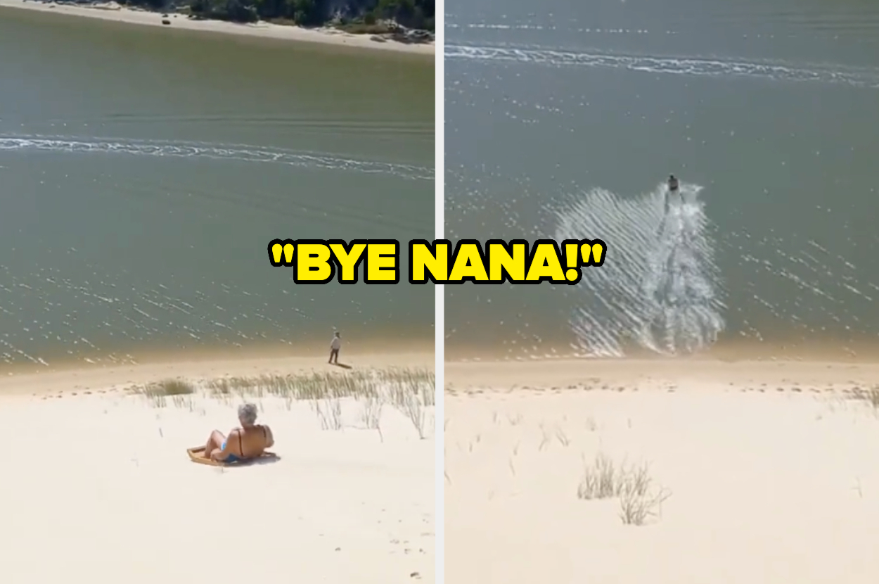 A person sliding down a sandy hill towards a body of water while another person watches from above. Text overlay reads "Bye Nana!"