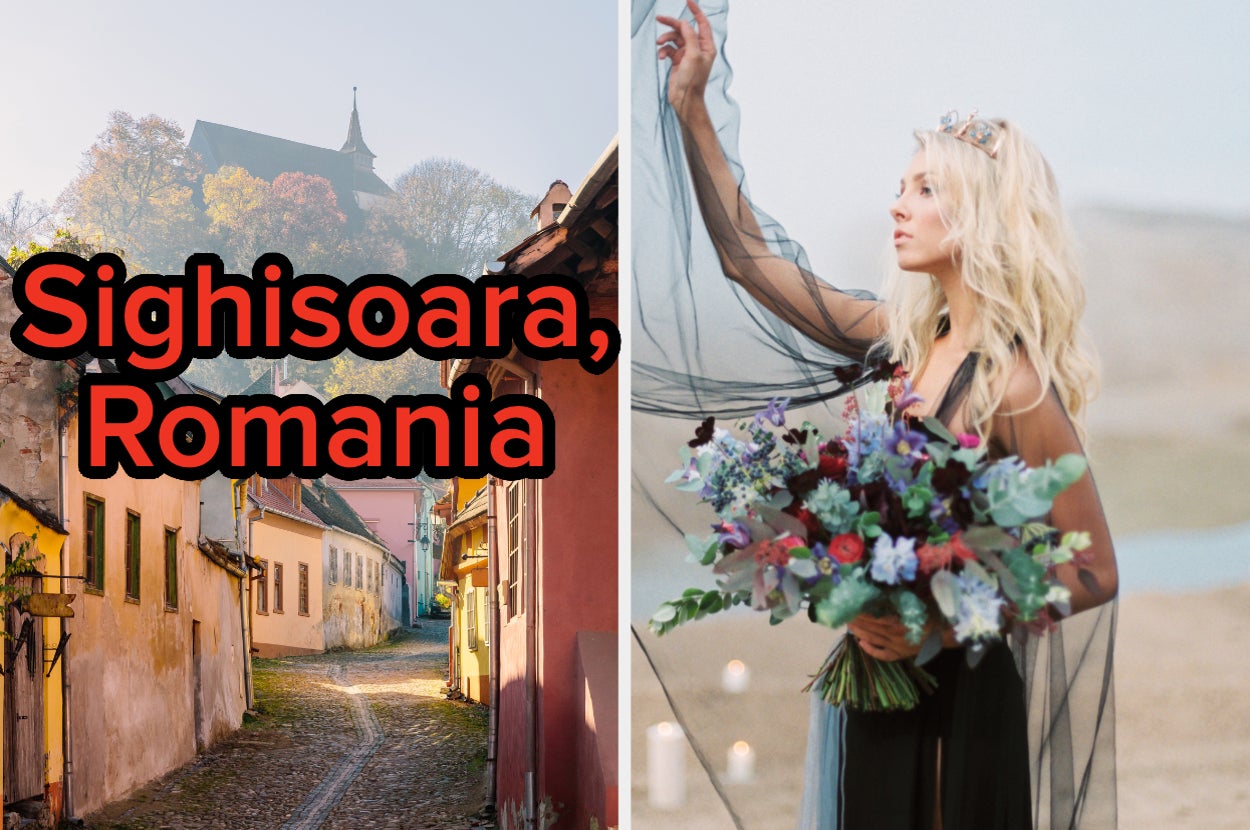 Left: A cobblestone street in Sighisoara, Romania with colorful houses and a church on a hill. Right: Bride holding a bouquet, wearing a sheer shawl with a tiara