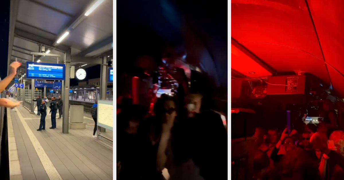 Three combined images: people on a train platform, a dimly-lit crowd in a nightclub, and a party bus with red lights and dancing individuals