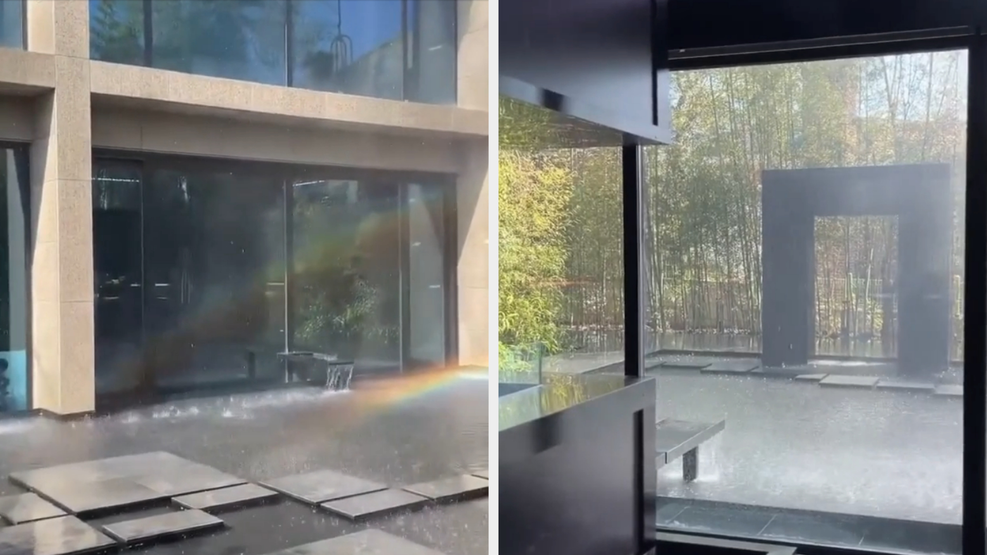 Two images show water cascading over the stone steps near large windows. A rainbow is visible in one image
