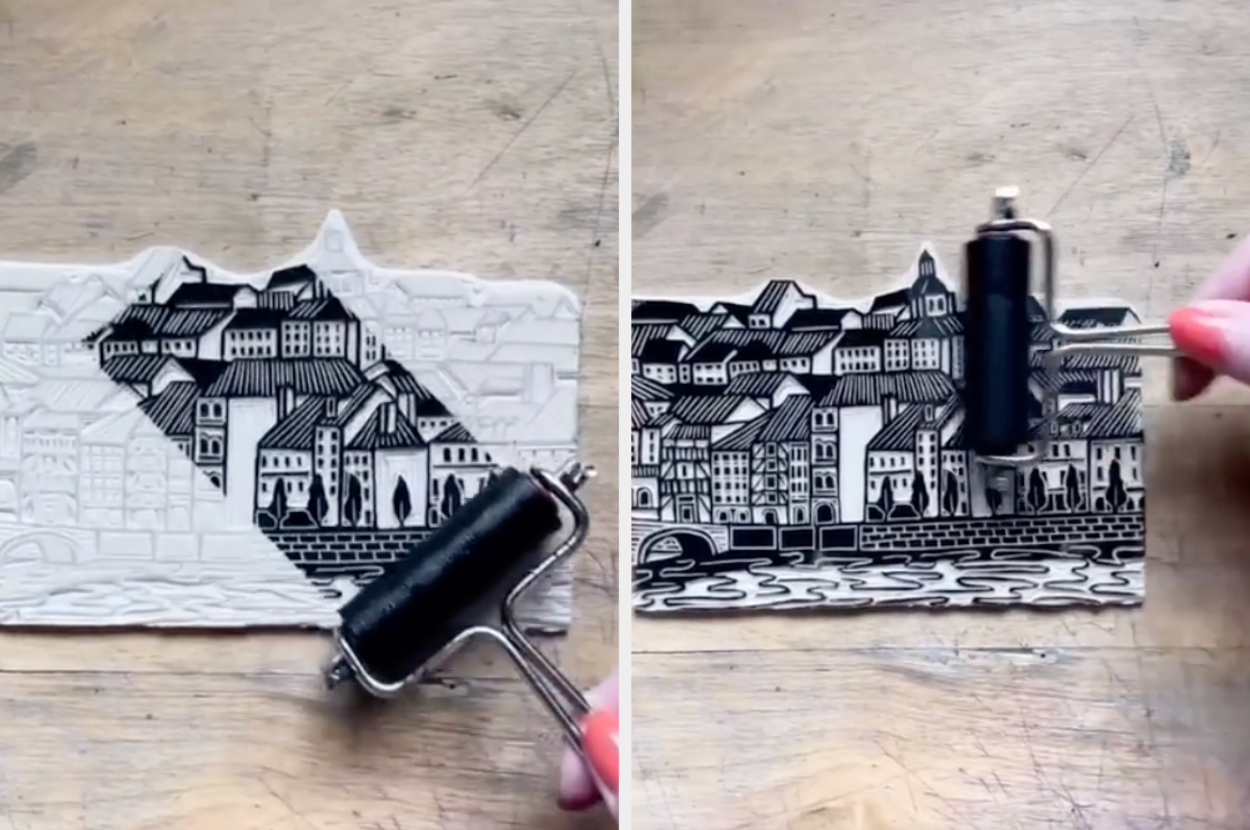 Two hands using a roller to ink a carved linocut print of a detailed cityscape. The before-and-after process shows a plain carving and an inked, detailed print