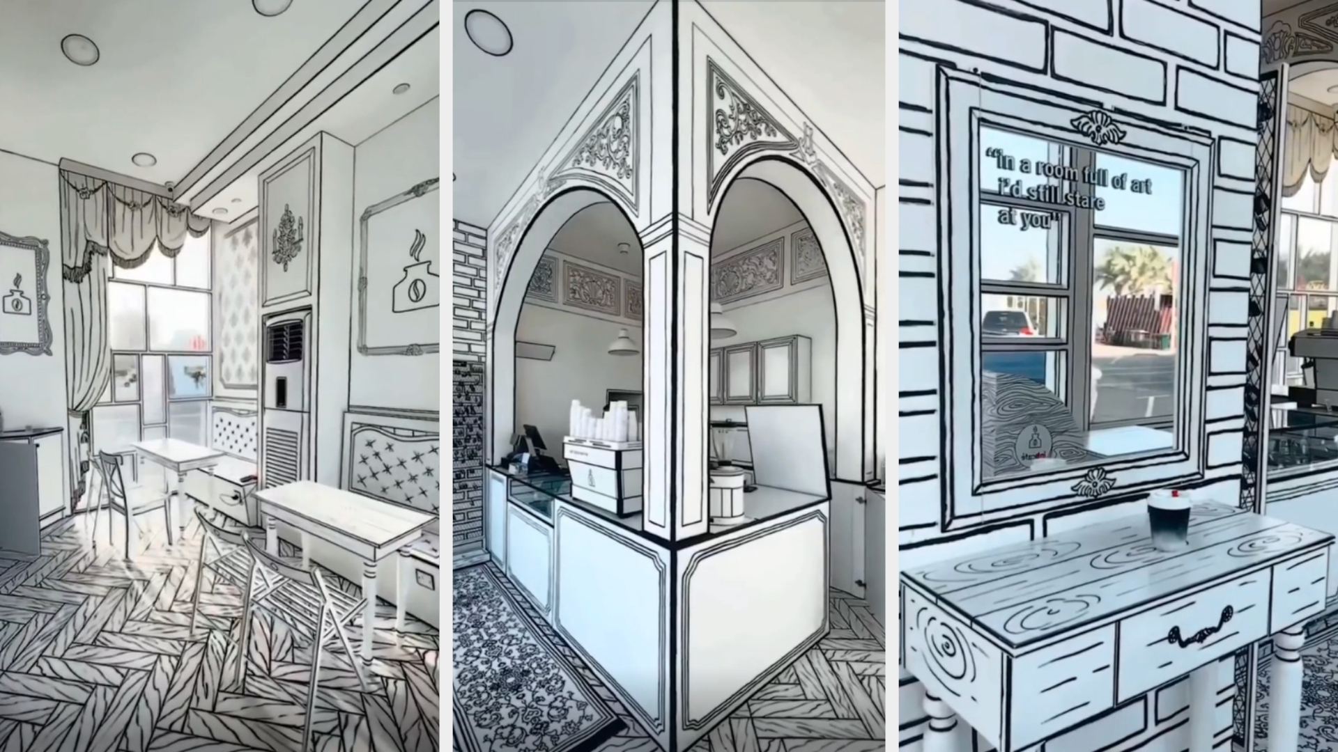 A collage of three images featuring a café interior designed to look like a black-and-white drawing, creating a two-dimensional comic book effect