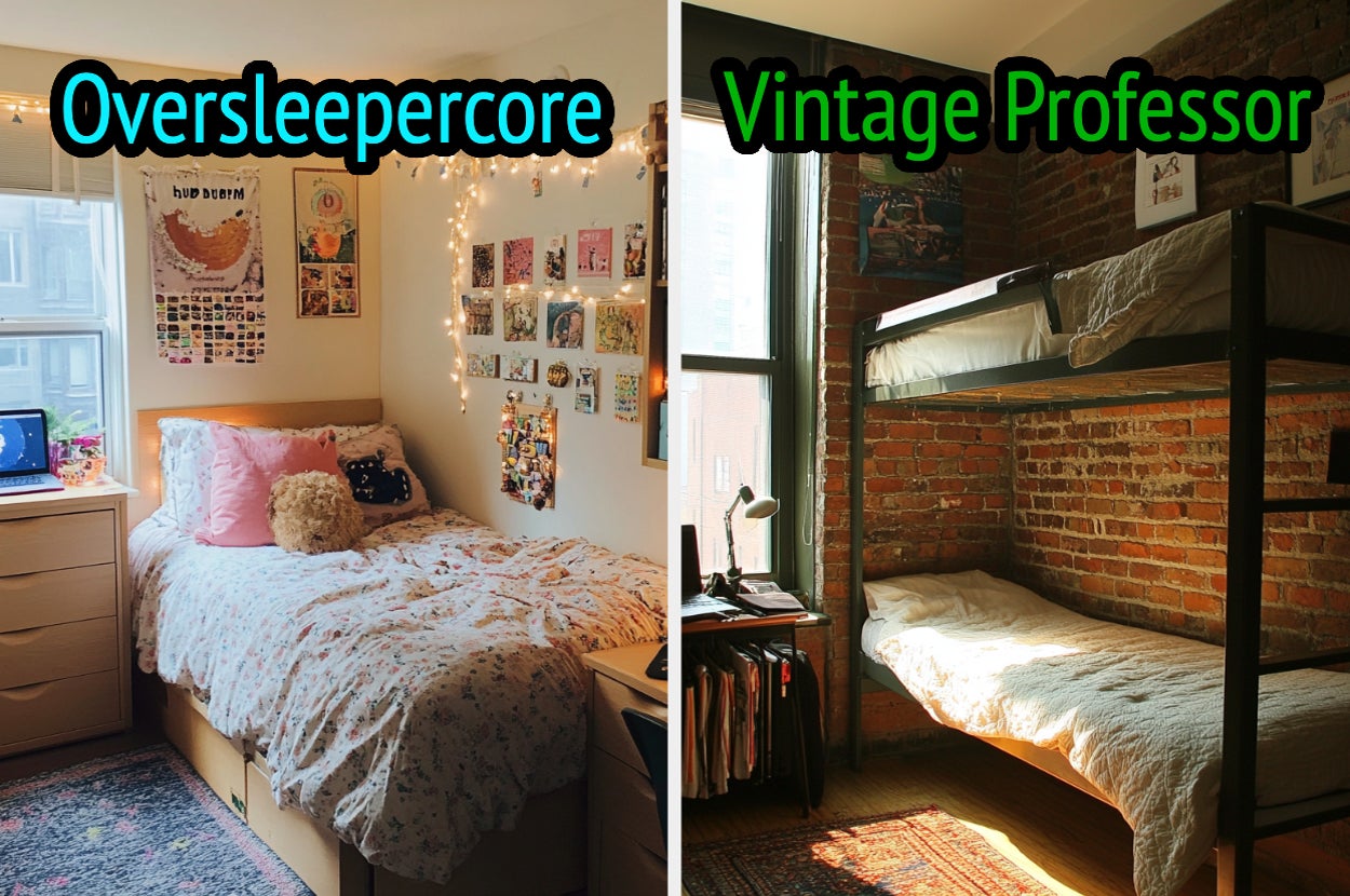 On the left, a dorm room with lots of pictures and fairy lights on the wall labeled Oversleepercore, and on the right, a dorm room with bunk beds and an exposed brick wall labeled Vintage Professor