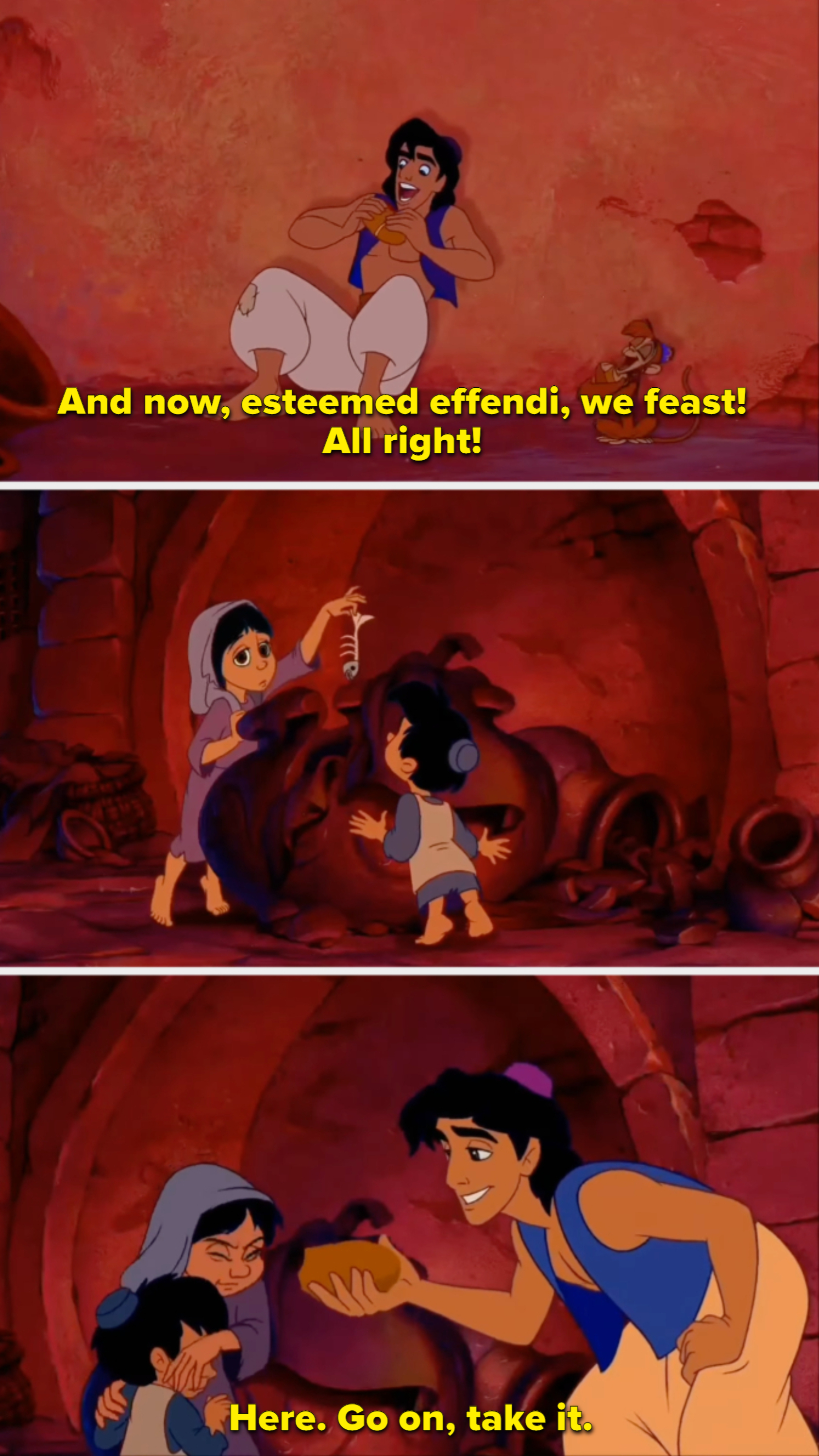 Aladdin and Abu share the stolen bread they were about to eat with two hungry children