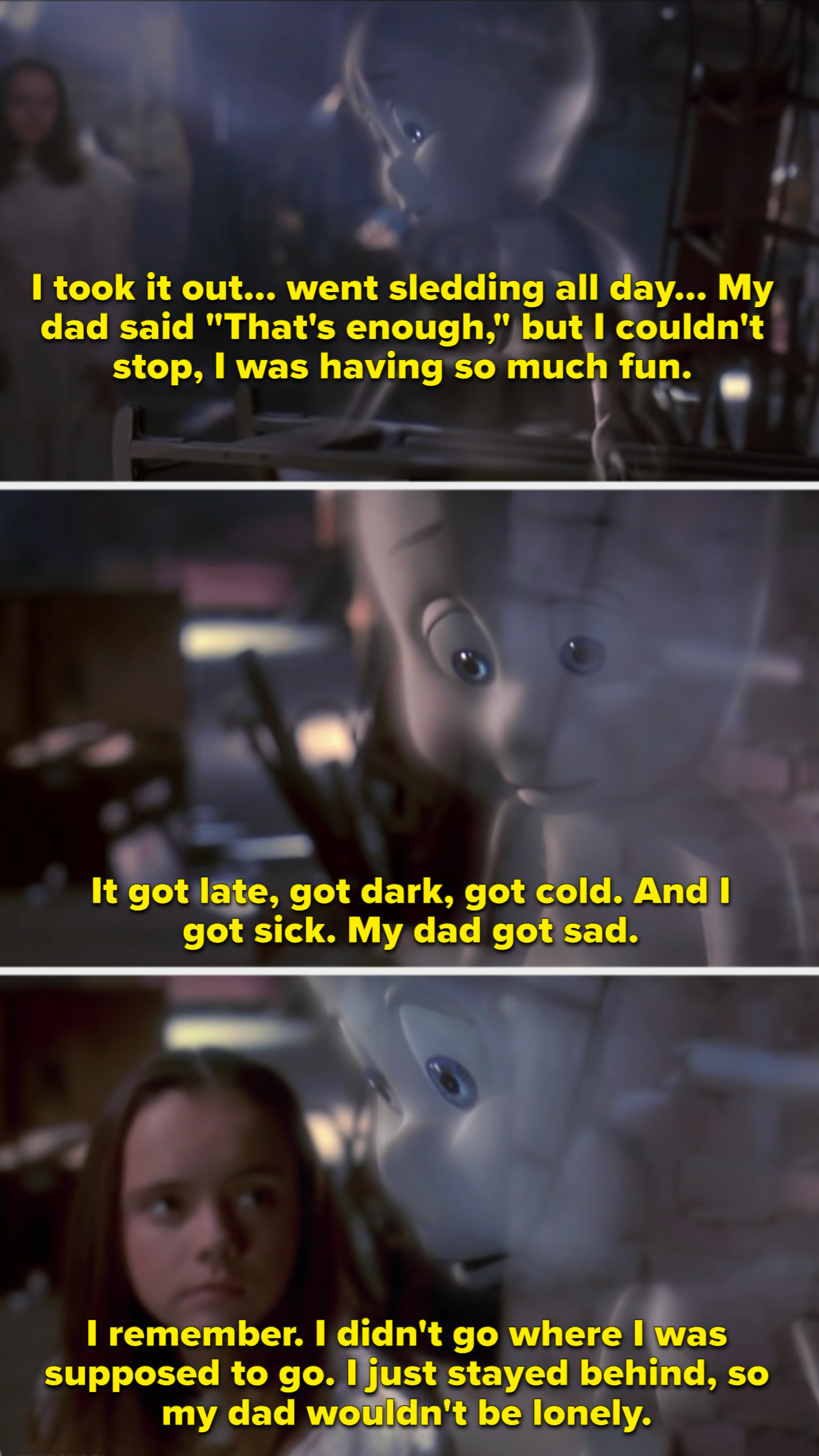 Casper the Friendly Ghost and young Kat, played by Christina Ricci, discuss how Casper died from pne "Casper."