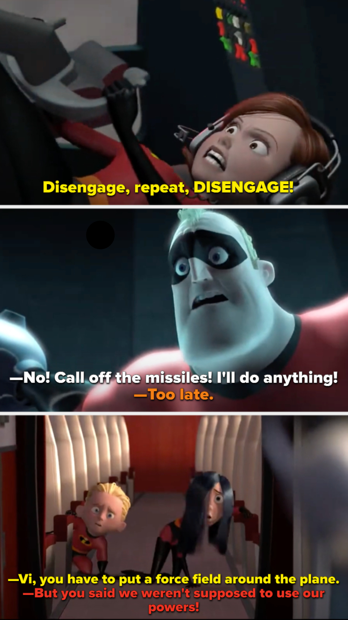 Elastigirl, Mr. Incredible, and Dash and Violet from "The Incredibles" in stills from an emotional action scene