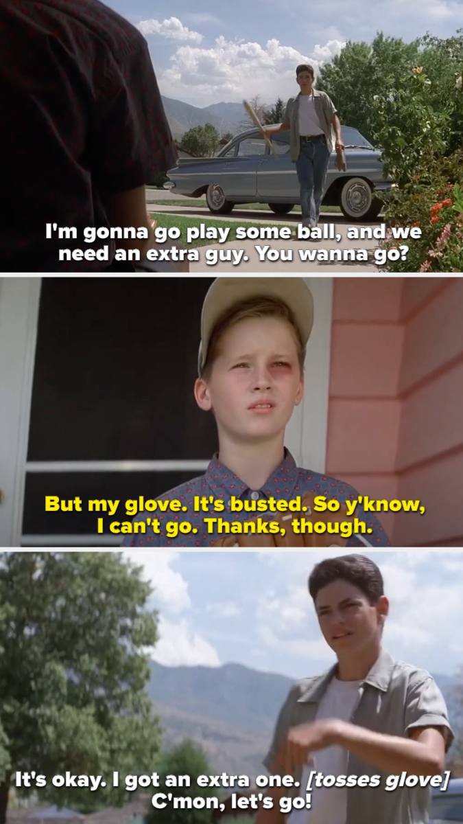 Benny invites Smalls to play baseball and lends him his spare glove in "The Sandlot"