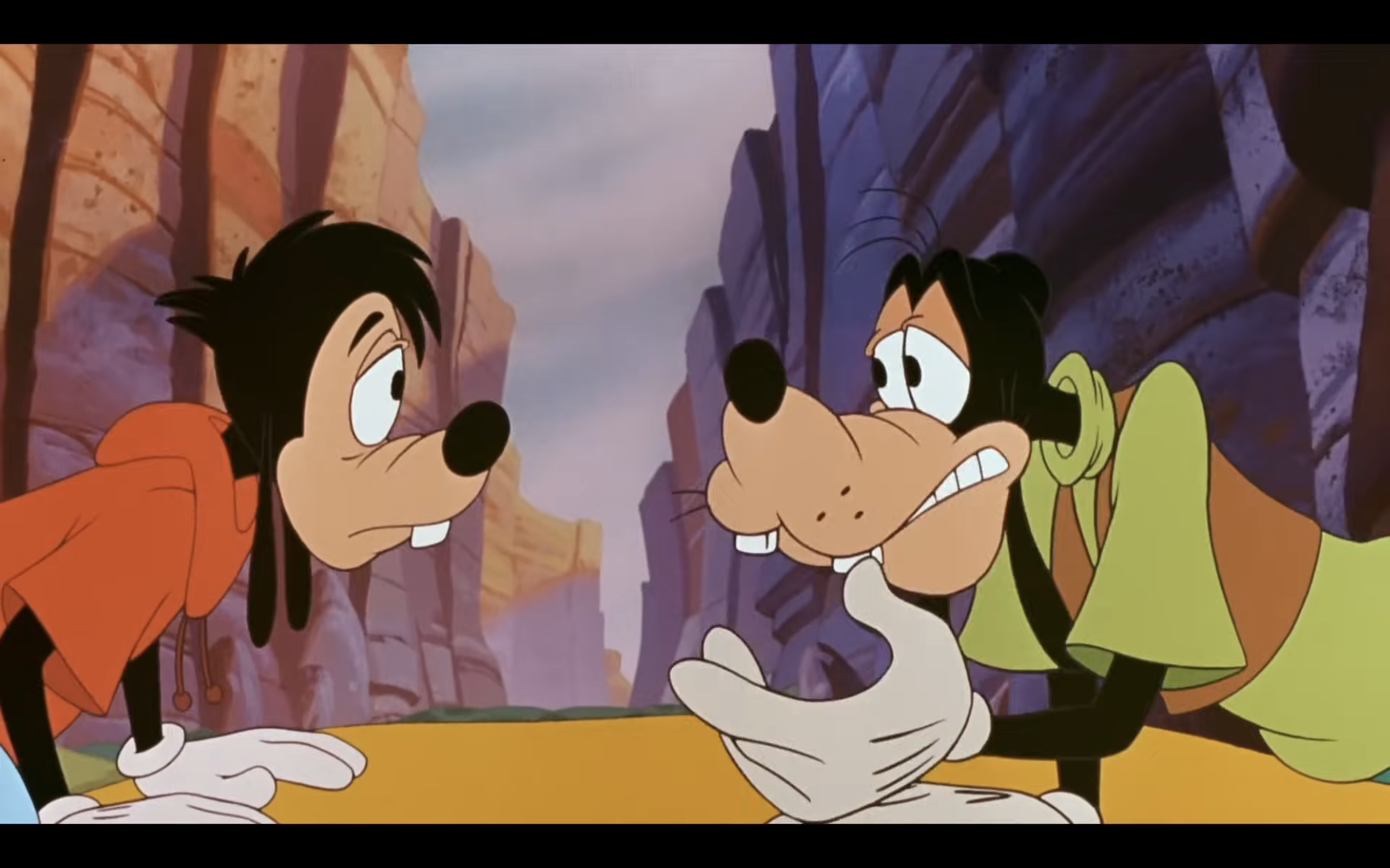 Animated characters Max Goof and Goofy having an emotional conversation in "A Goofy Movie"