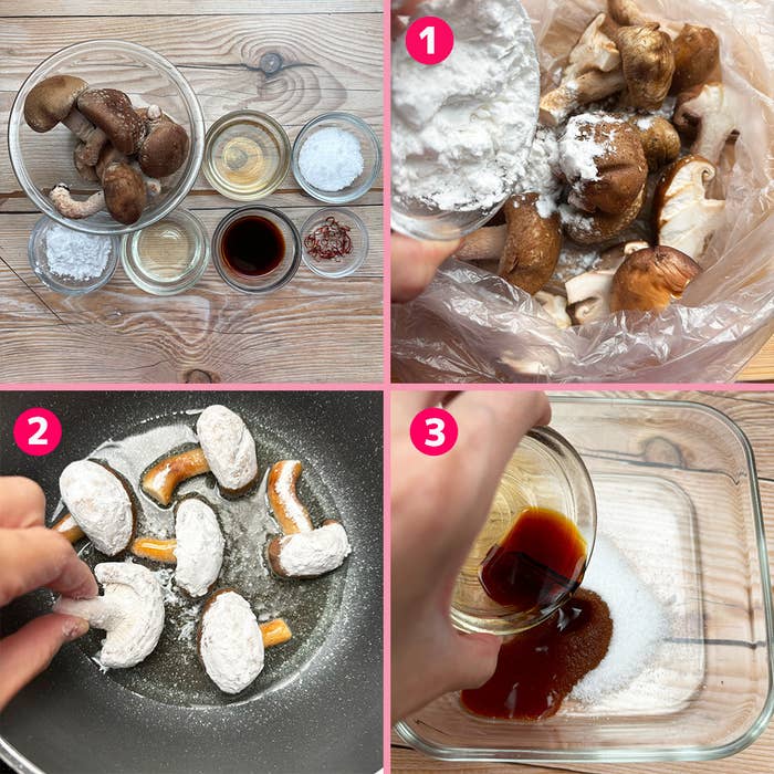 4コマの画像で、しいたけを調理する手順を示しています。1. しいたけに粉をまぶす。2. フライパンで焼く。3. 調味料を混ぜる。