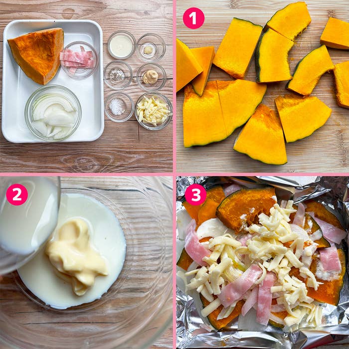 カボチャとベーコンのチーズ焼きを作るためのステップバイステップの写真。
