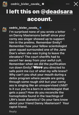 Instagram story screenshot of a message from cedric_bixler_zavala addressing @deadsara, criticizing Danny Masterson and mentioning Emily and someone' writing