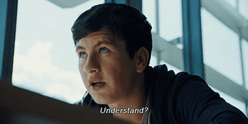 Barry Keoghan looking up with the caption, "Understand?" appearing on the screen