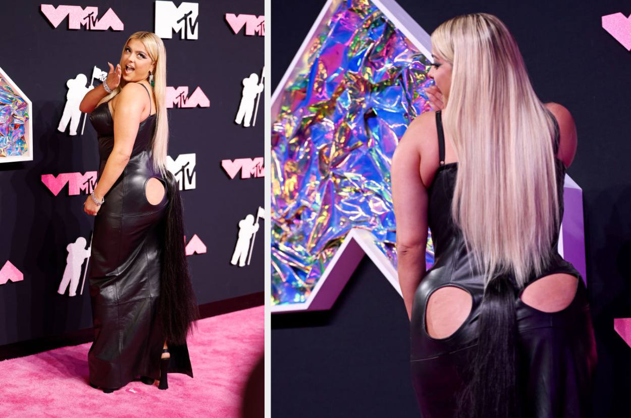 Bebe Rexha on the MTV VMA red carpet wearing a black leather dress with cut-out details at the back and blonde hair styled straight
